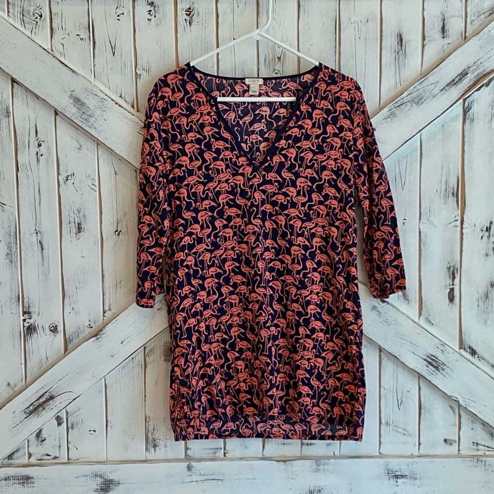 J. Crew Navy and Pink Flamingo Print Gauzy Cotton Tunic Beach Coverup